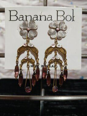 Banana Bob Brass Flower with purple crystal dangles post earrings